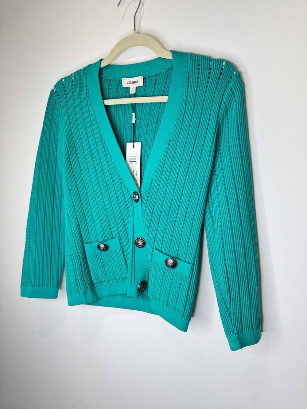 NWT ✨L'AGENCE Teal Ribbed V-Neck Button Cardigan Irvin Pointelle Sz Small $465 - Picture 4 of 8